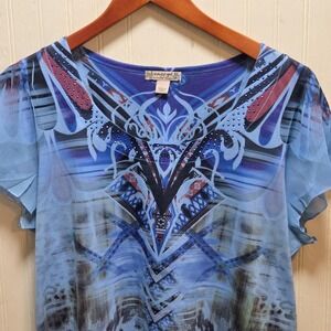 Energé Blouse Womens XL Blue Animal Print Rhinestone Flutter‎ Sleeve Tunic Top